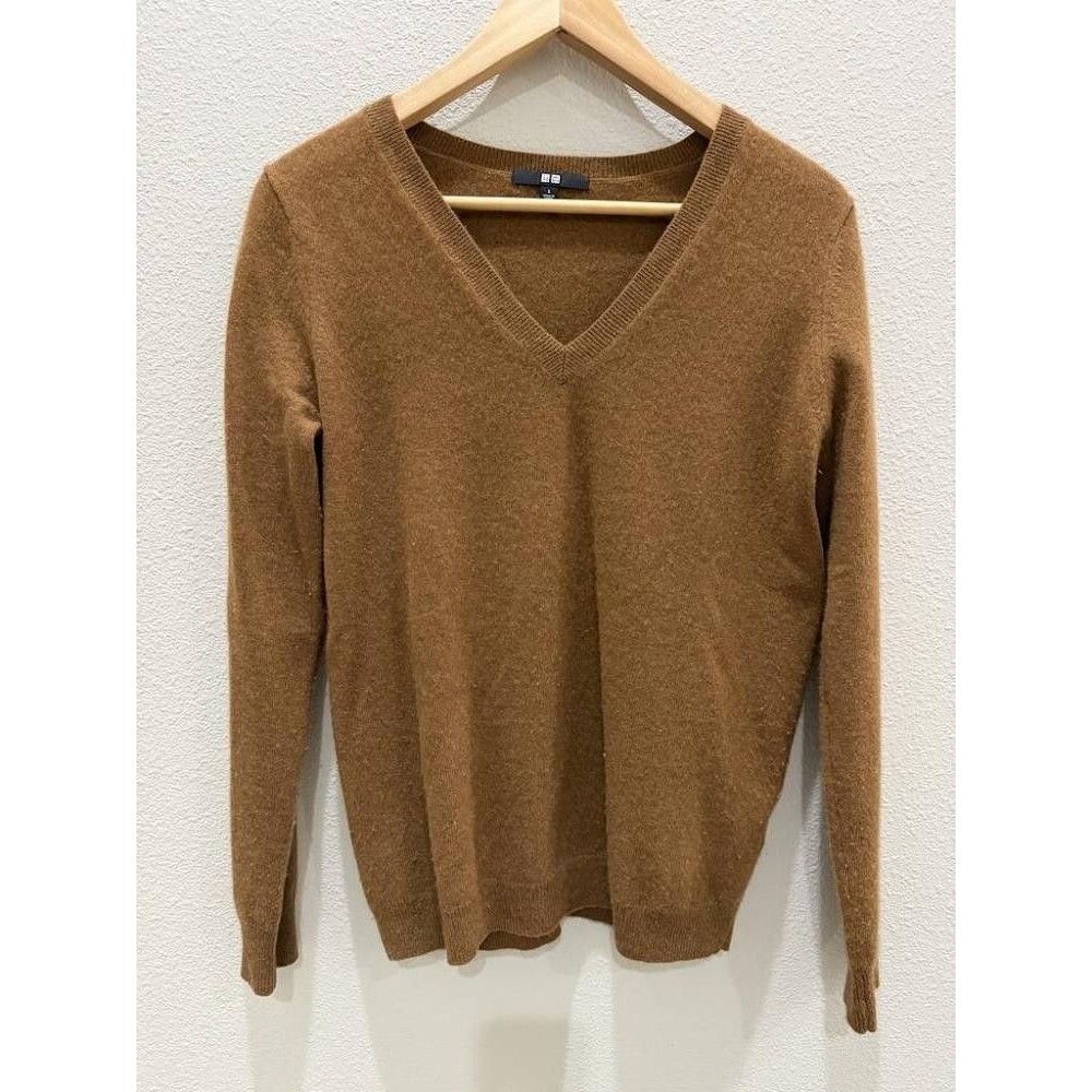 UNIQLO 100% Cashmere V-Neck Sweater Women's Size S Brown Knit Pullover 408717